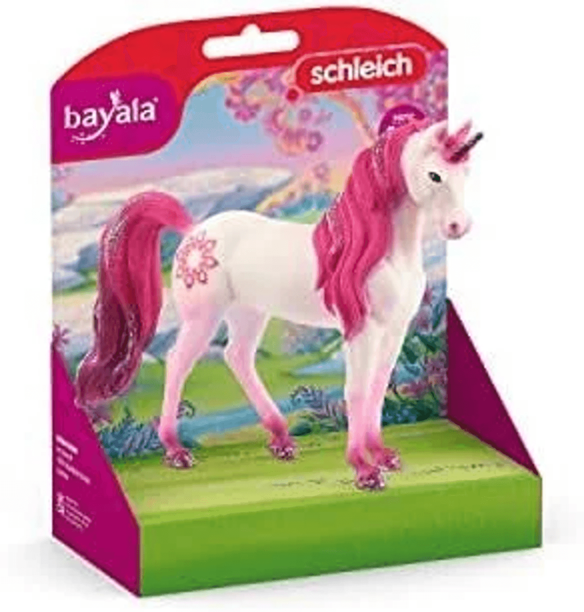 Figura de juguete de unicornio Schleich Bayala con crina y cola rosa en su empaque.
