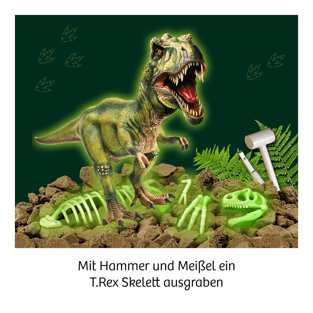 Un T-Rex verde sobre tierra con partes de esqueleto brillantes, helecho y herramientas contra un fondo oscuro.