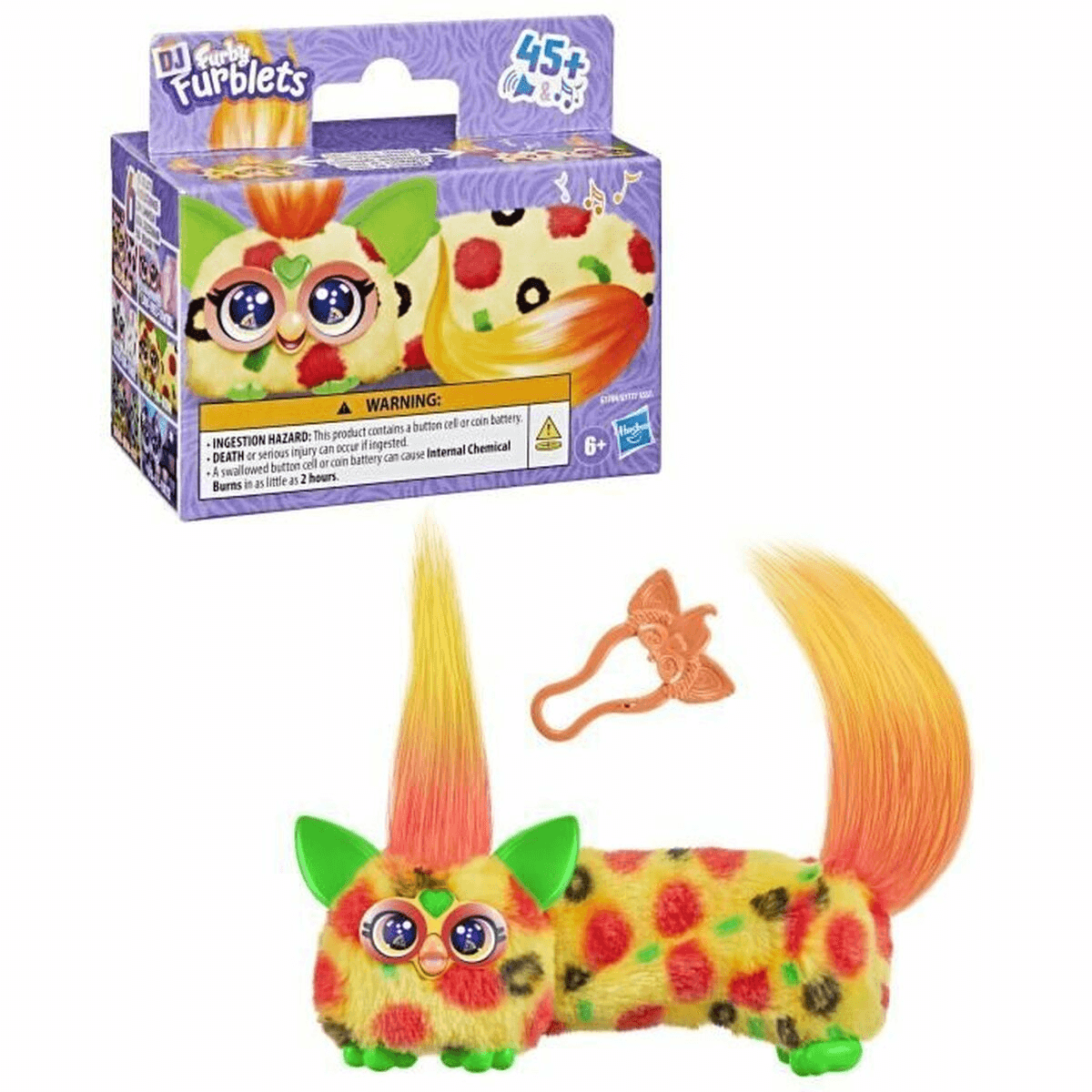 Un juguete Furby Furblets con patrón de pizza, pelo alto naranja, orejas verdes y su caja correspondiente.