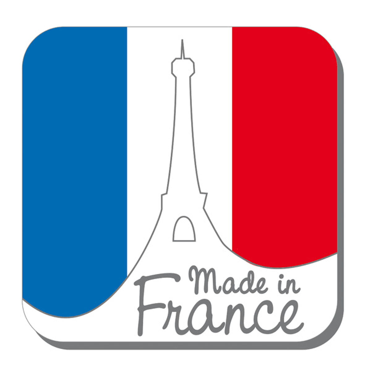 La bandera francesa con una silueta de la Torre Eiffel y el texto Made in France.