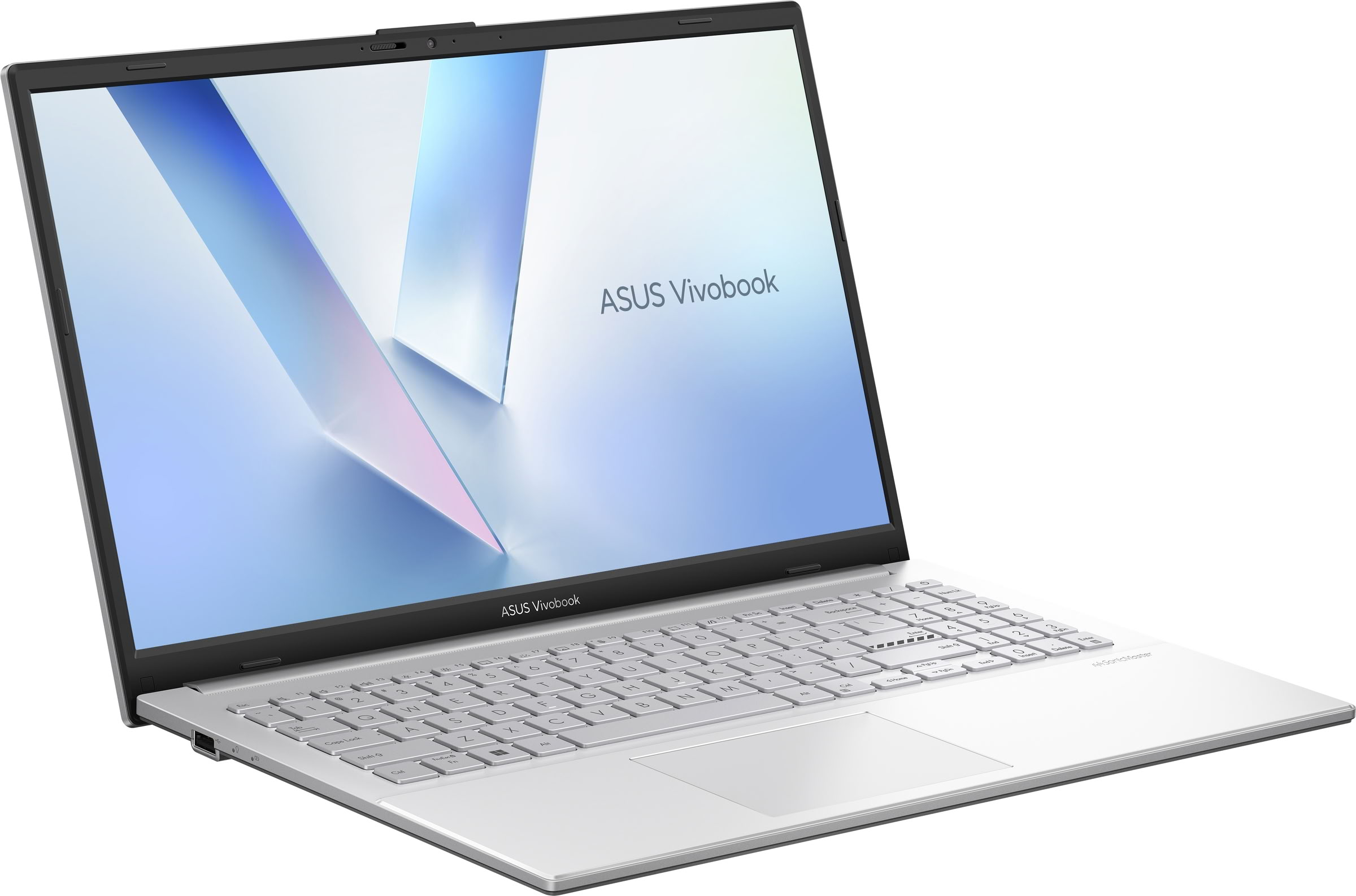 Una computadora portátil ASUS Vivobook plateada abierta, que muestra su teclado, panel táctil y pantalla celeste.