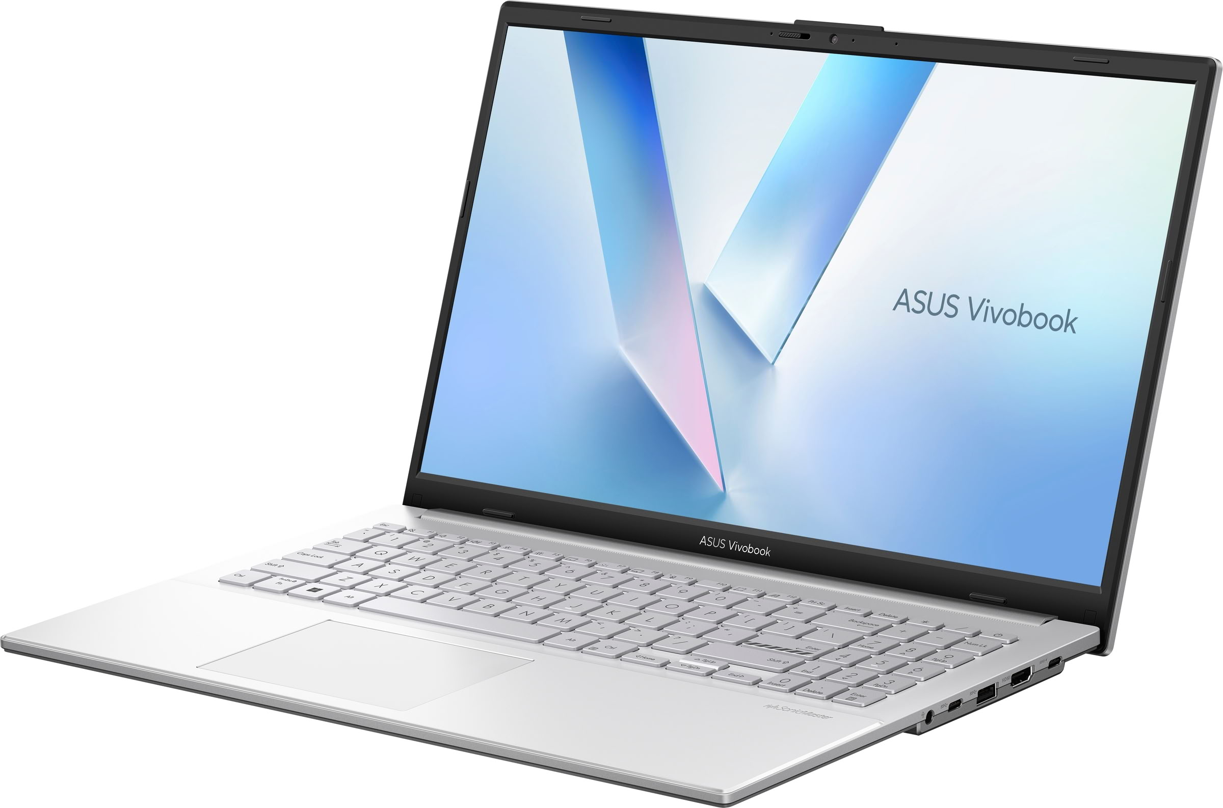Portátil ASUS Vivobook plateado con patrones en forma de V en la pantalla y teclado claro.
