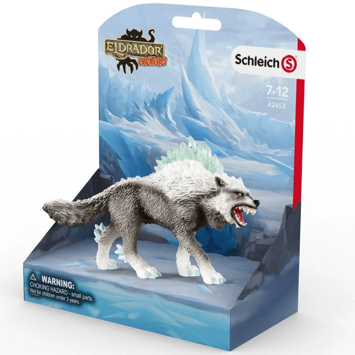 Eine Schleich Eldrador Kreaturen Eiswolf Actionfigur in ihrer Verpackung vor einer eisigen Hintergrundkulisse.
