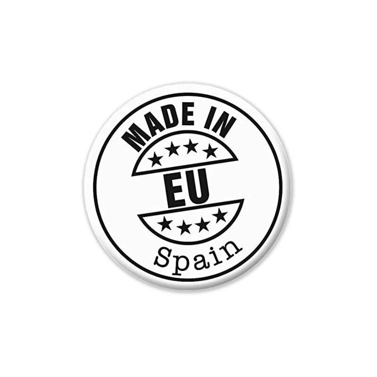 Pegatina redonda con el texto 'Made in EU Spain' y estrellas en blanco y negro.