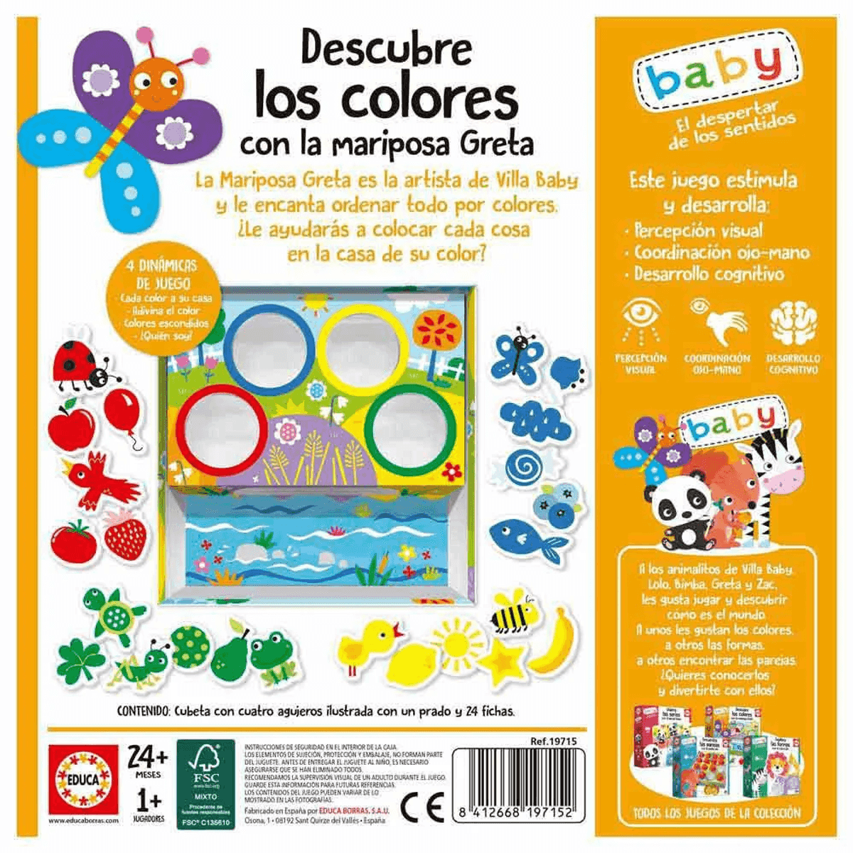 Embalaje del juguete educativo Mariposa Greta con piezas de colores, tablero y figuras de animales para niños.