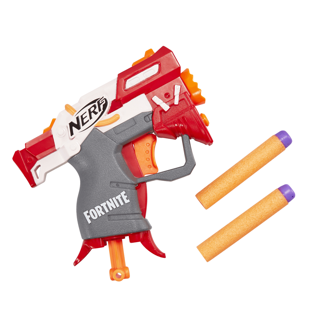 Un bláster Nerf Fortnite rojo, blanco y gris con dos dardos de espuma naranjas y morados sobre fondo blanco.