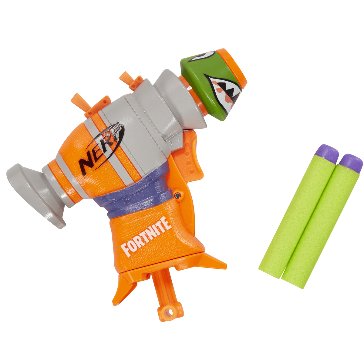 Lanzador de cohetes Nerf Fortnite naranja y gris con dos dardos de espuma verdes sobre fondo blanco.