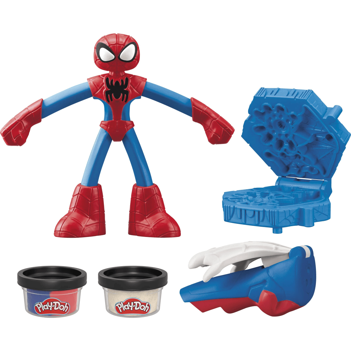 Set de Play-Doh de Spider-Man con figura, molde azul, dos botes de plastilina y una herramienta sobre fondo blanco.