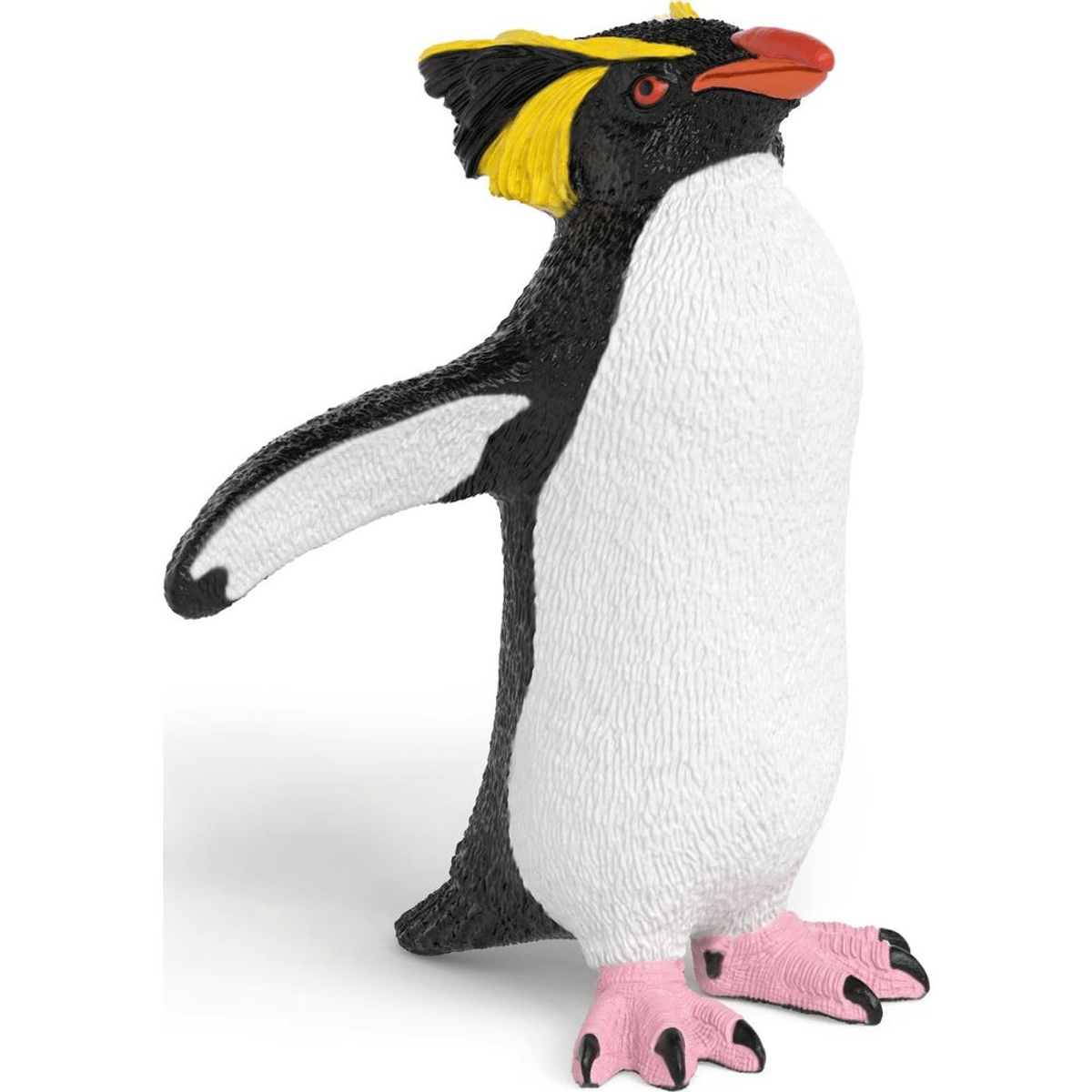 Una figura de pingüino macaroni de juguete con llamativas plumas de cresta amarilla, pico rojo y patas rosas sobre fondo blanco.