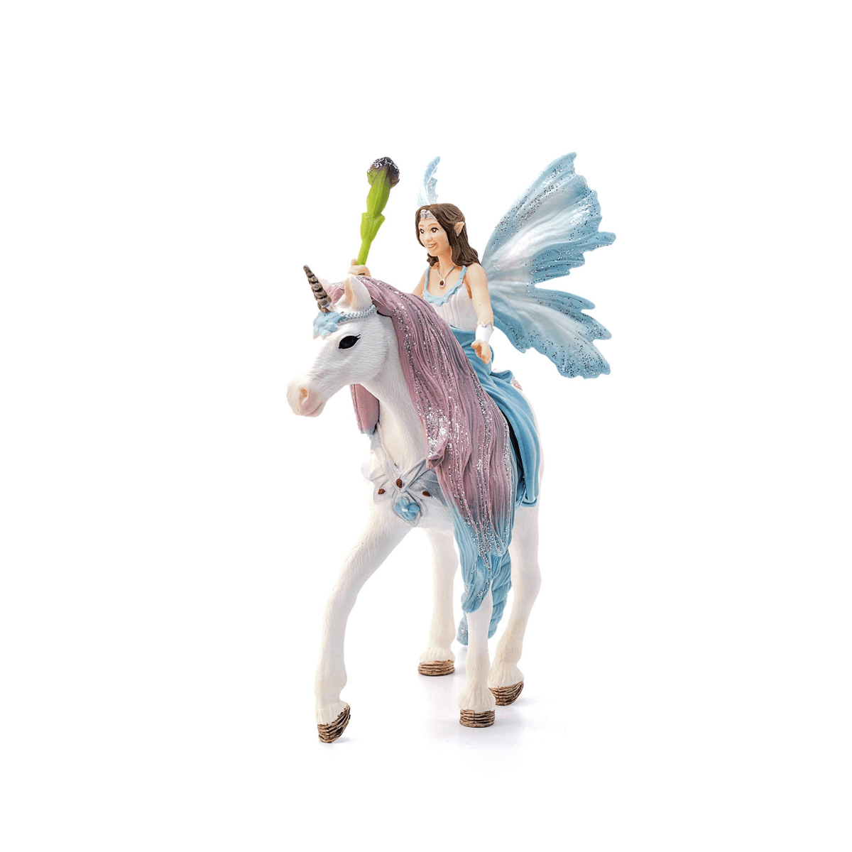 Figura de un elfo alado montando un unicornio blanco con crin y cola rosa, sosteniendo una flor verde.