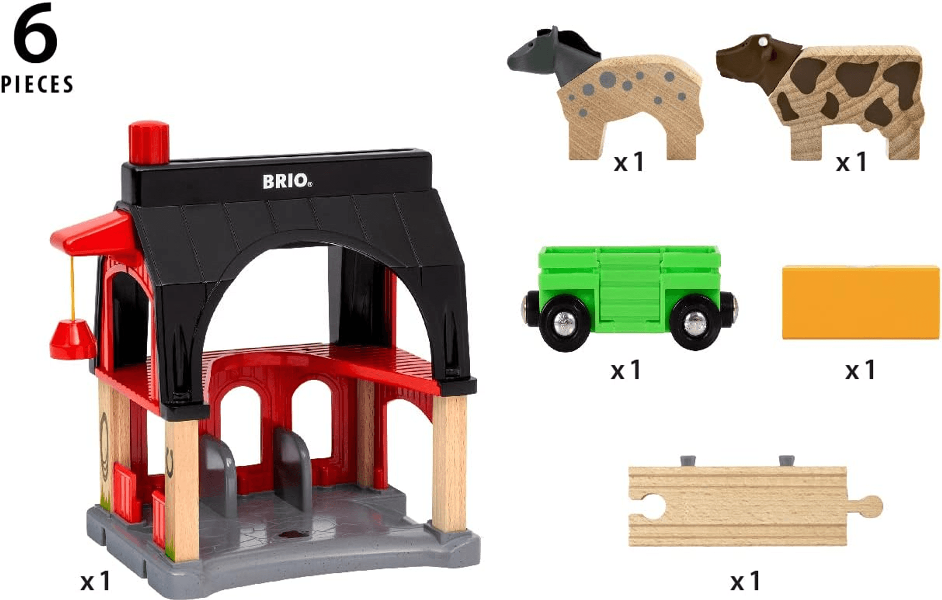 Set de establo de madera Brio con seis piezas que incluyen un granero, caballo, vaca, carro verde, bloque amarillo y vía.