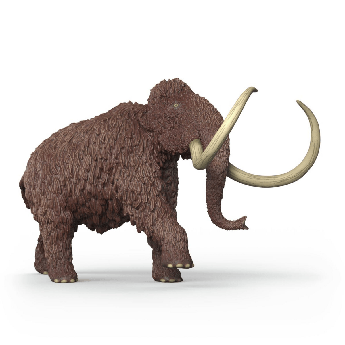 Una figura de mamut lanudo marrón con colmillos largos y curvados sobre un fondo blanco.