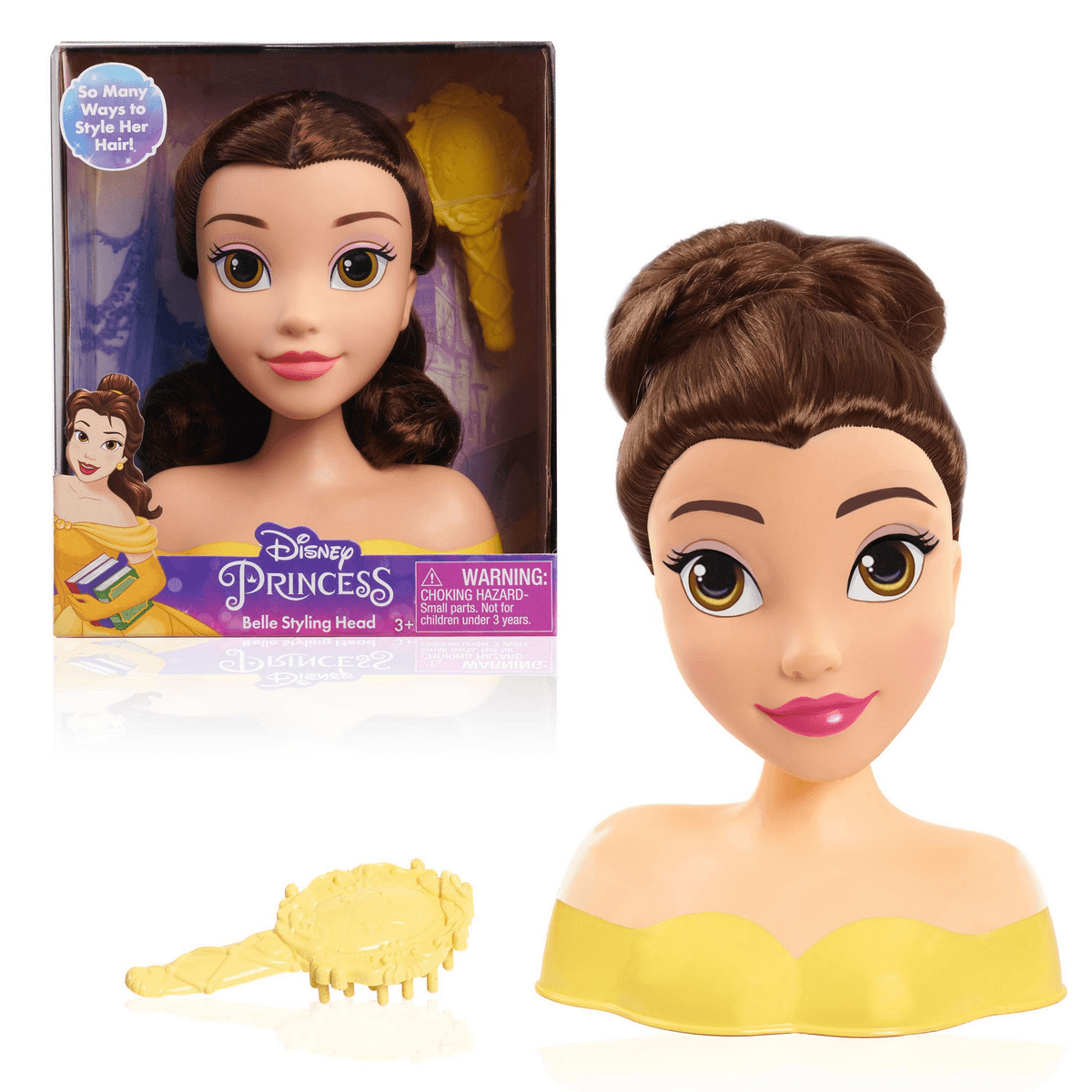 Un juguete de cabeza para peinar de la Princesa Belle de Disney con cabello castaño en moño, vestido amarillo y un cepillo amarillo.