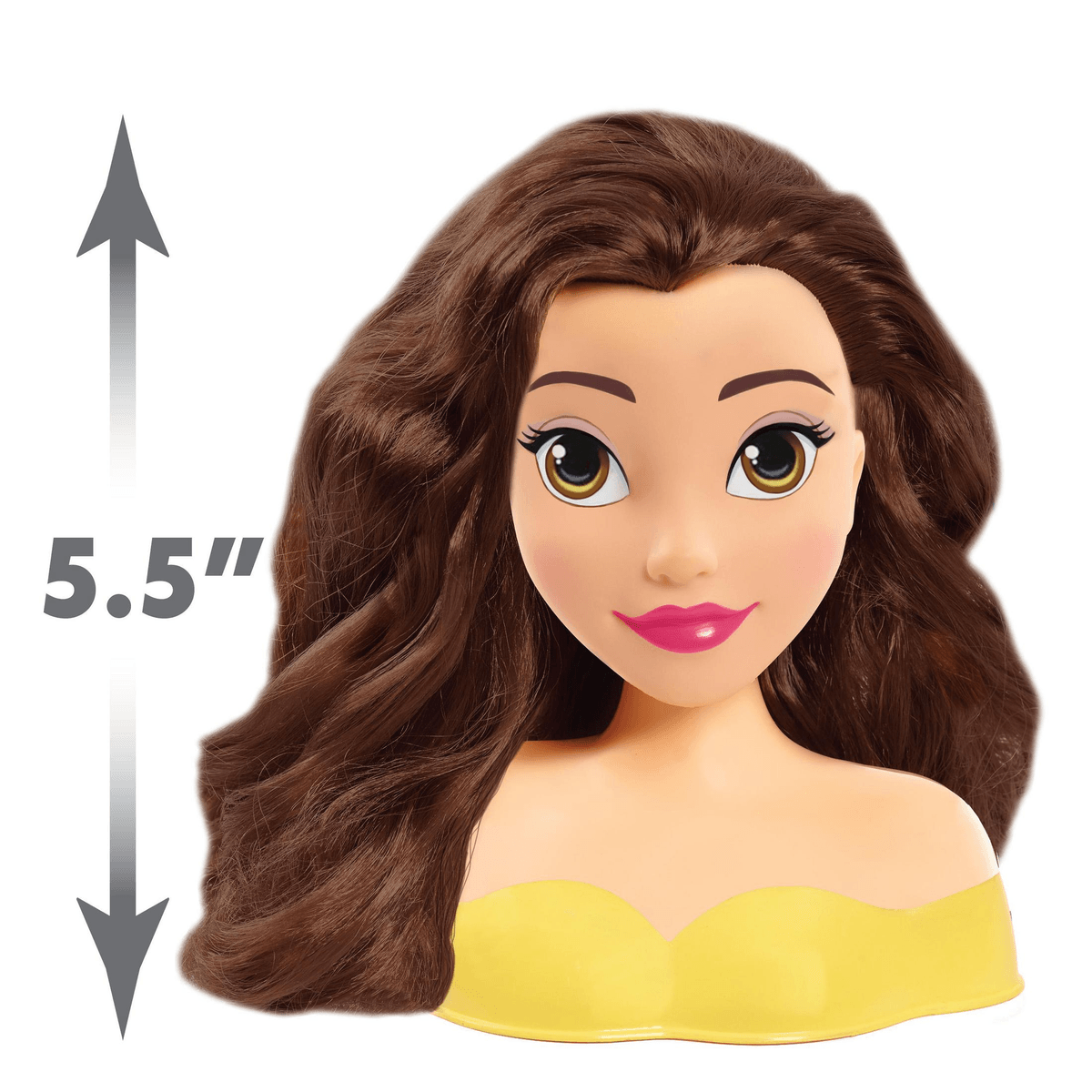 Cabeza de peinado de muñeca con cabello castaño, parte superior amarilla y 5.5 pulgadas de altura.