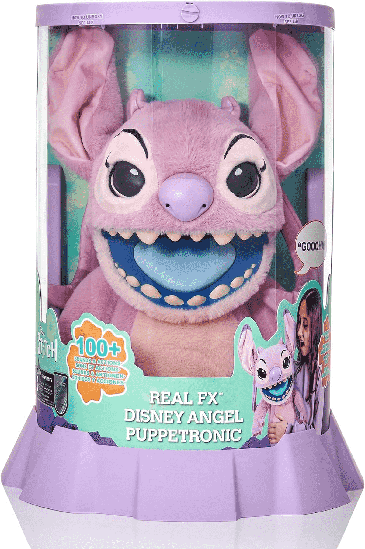 Un juguete de peluche interactivo Disney Angel rosa en un envase cilíndrico.