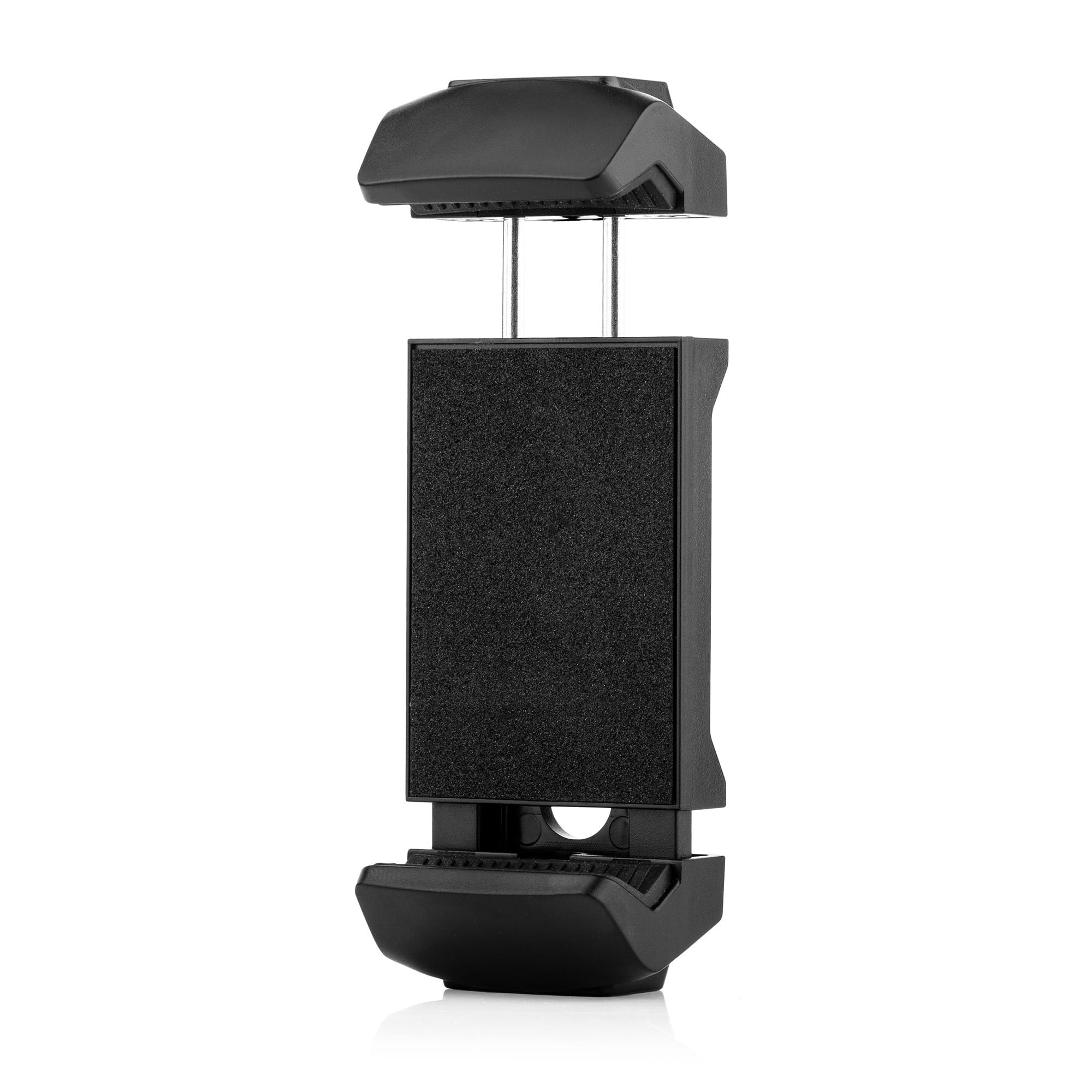 Un support de smartphone noir avec des pinces rembourrées sur fond blanc.