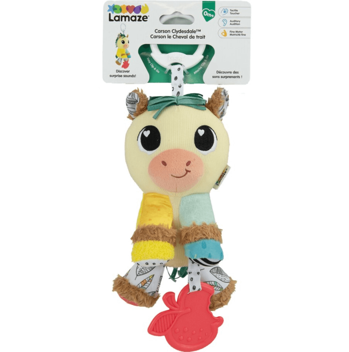 Colorido caballo de peluche Lamaze con mordedor y sonidos de sonajero sobre fondo blanco.
