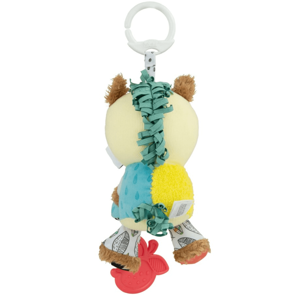 Un caballo de peluche colorido con cabeza amarilla, manta azul y amarilla y anillo colgante blanco sobre fondo blanco.