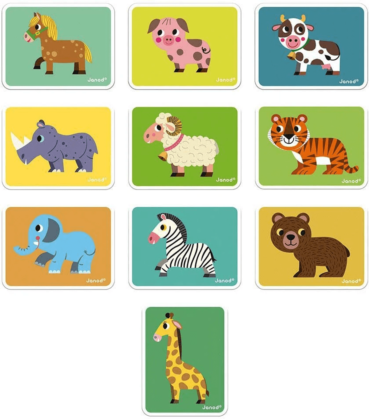 Zehn Karten mit bunten Tiermotiven wie Pferd, Schwein, Kuh, Nashorn, Schaf, Tiger, Elefant, Zebra, Bär und Giraffe.