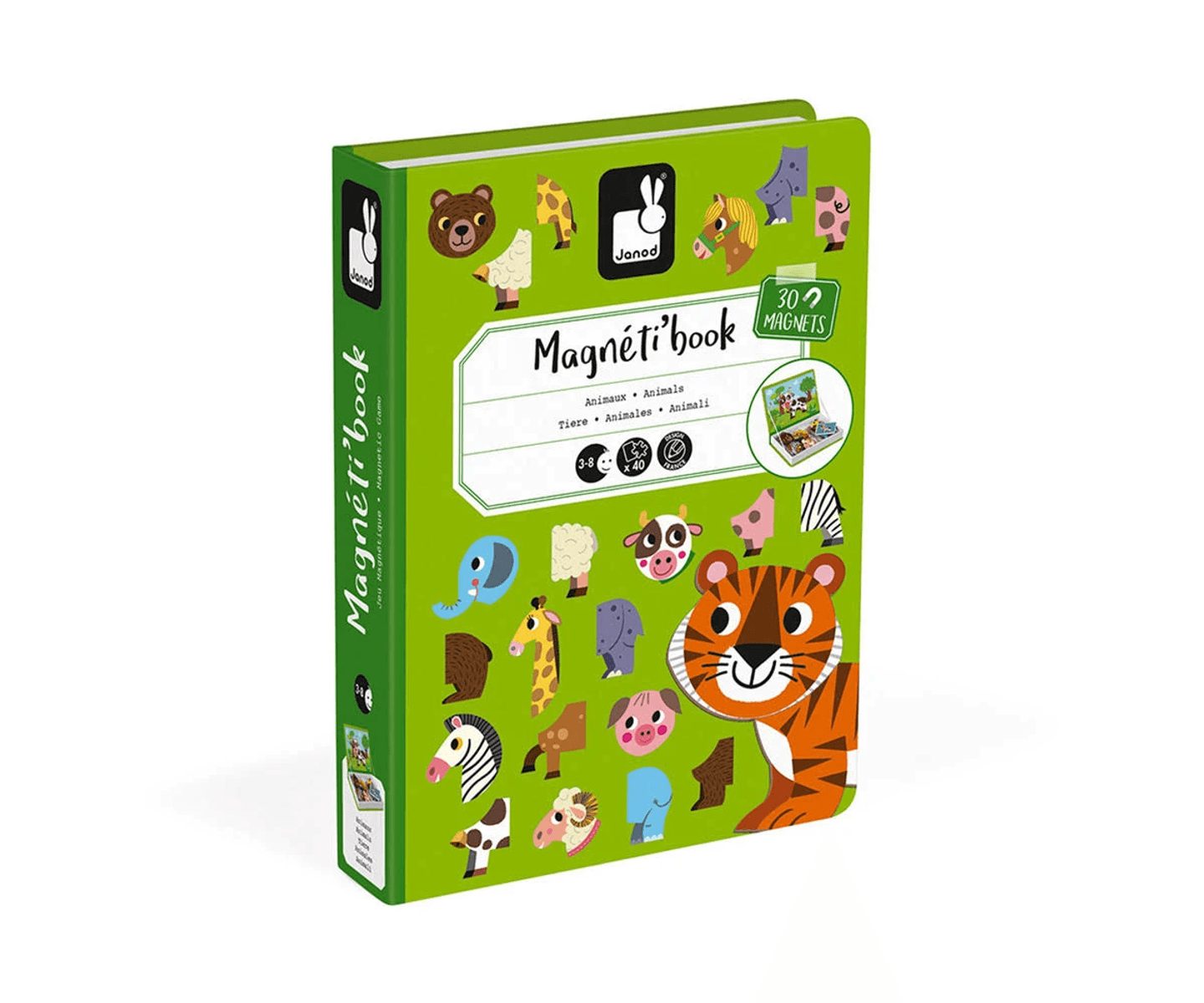 Grünes Janod Magneti'book mit Tieren, ein Tiger ist unten rechts zu sehen.