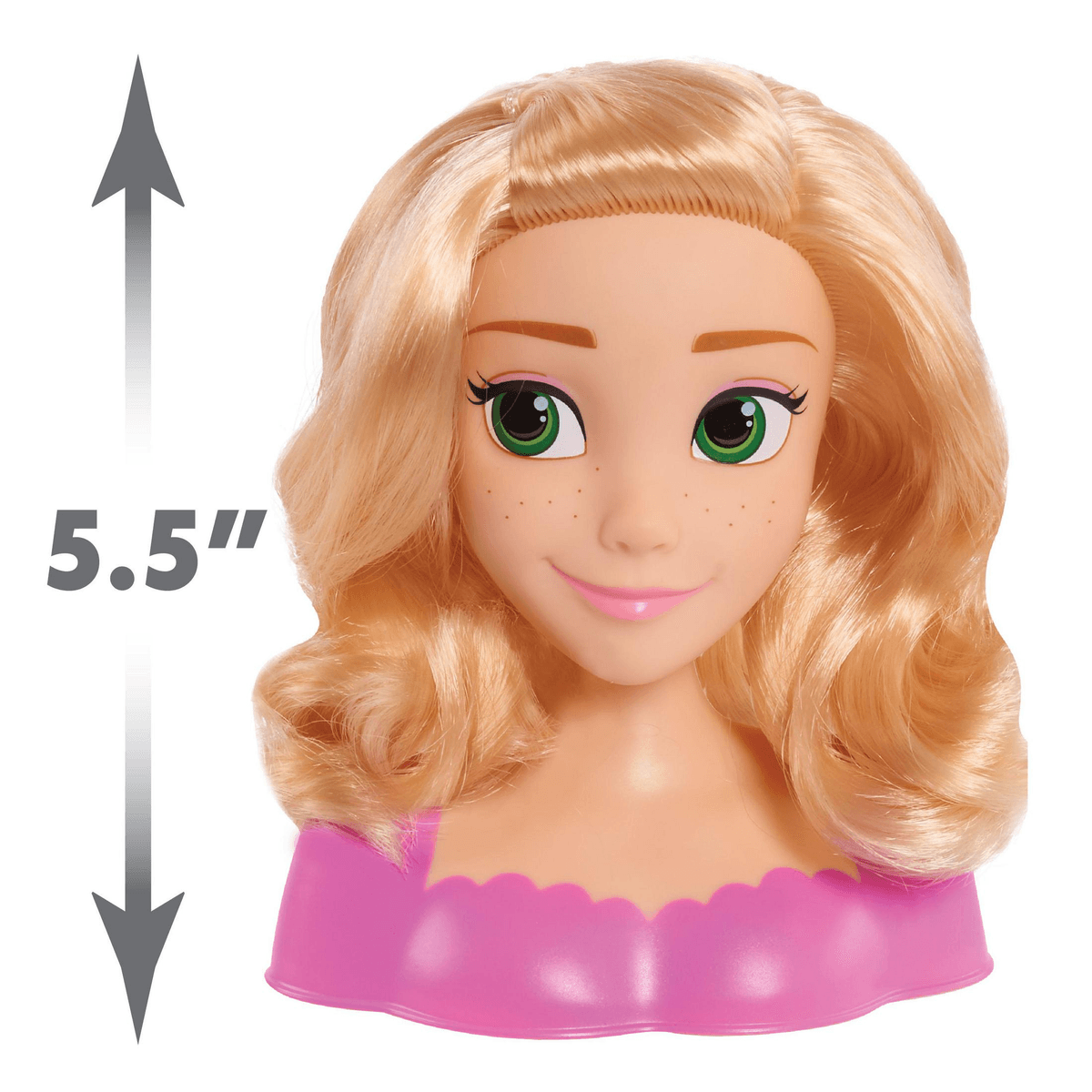 Cabeza de peinado con cabello rubio, ojos verdes y parte superior rosa, con una flecha que indica 5,5 pulgadas.