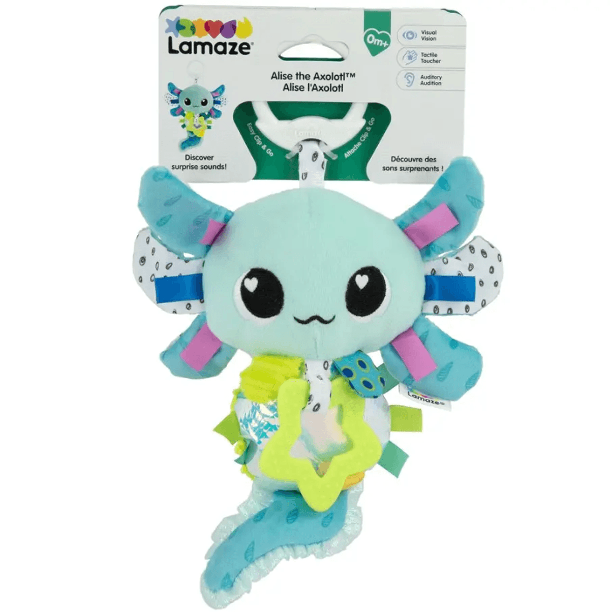 Un juguete de peluche de ajolote azul para bebés con branquias rosas y accesorios coloridos sobre fondo blanco.
