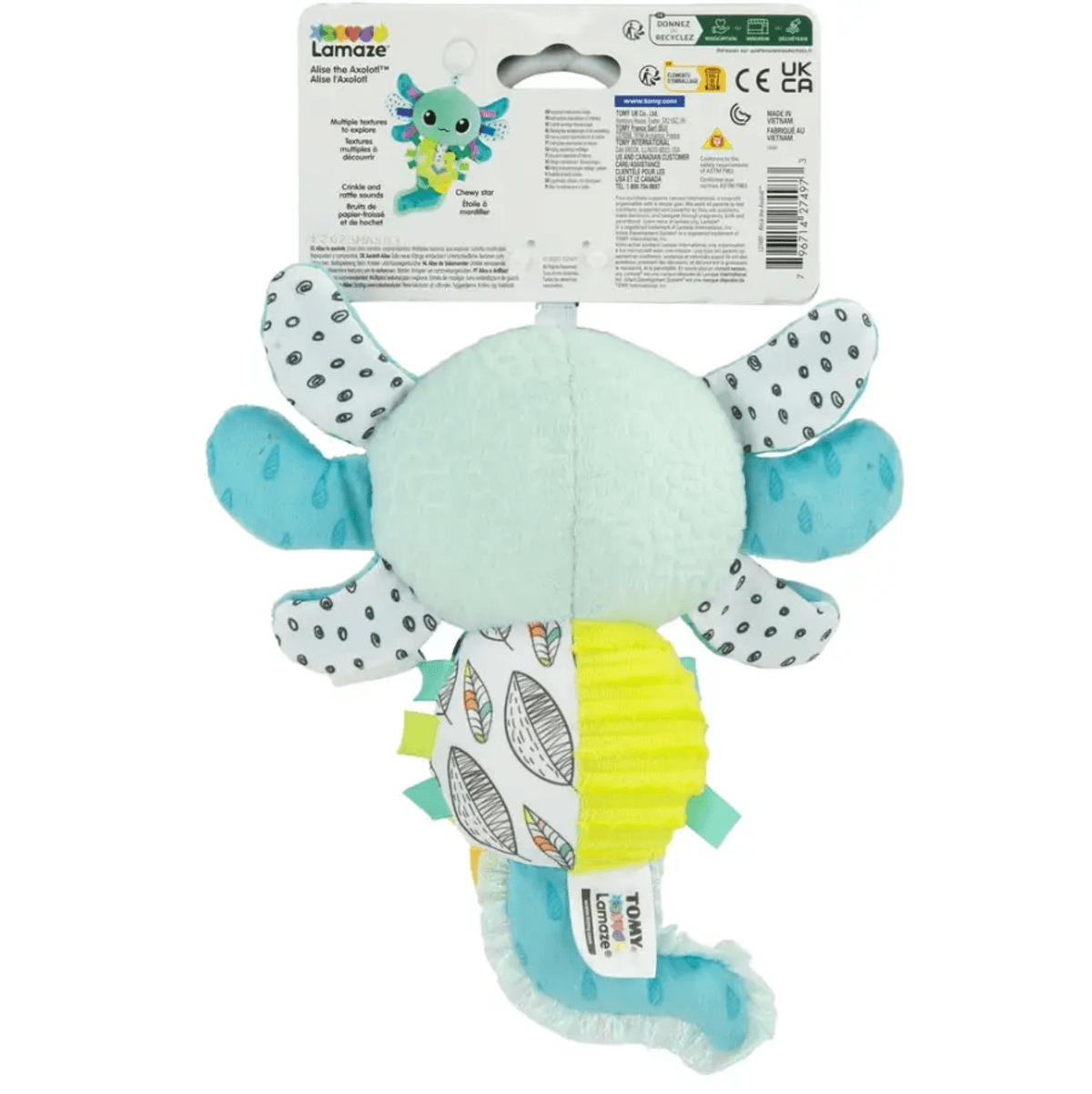 Vista trasera del juguete para bebé Lamaze Alise the Axolotl con felpa azul y amarilla sobre fondo blanco.
