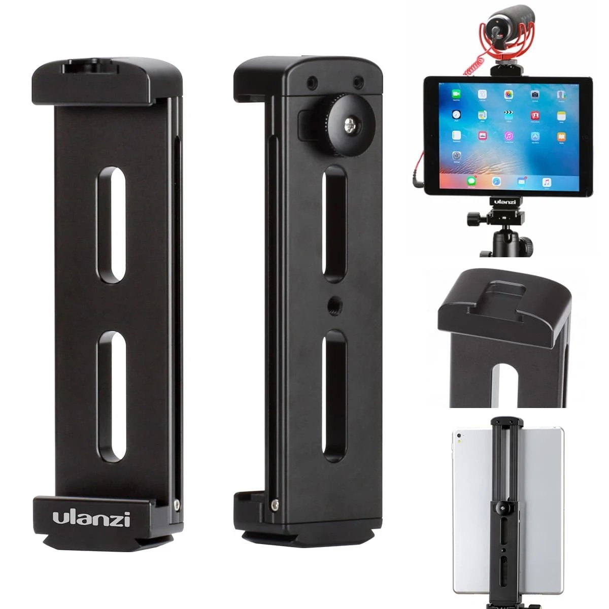 Support de tablette noir Ulanzi pour trépieds avec accessoires comme un micro.