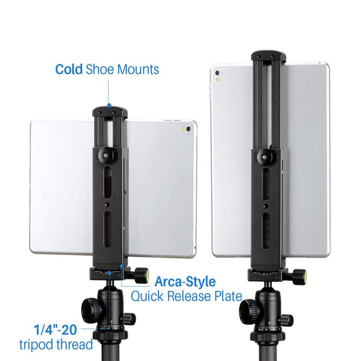 Deux supports de tablette noirs sur trépieds avec sabots froids et plaques de dégagement.
