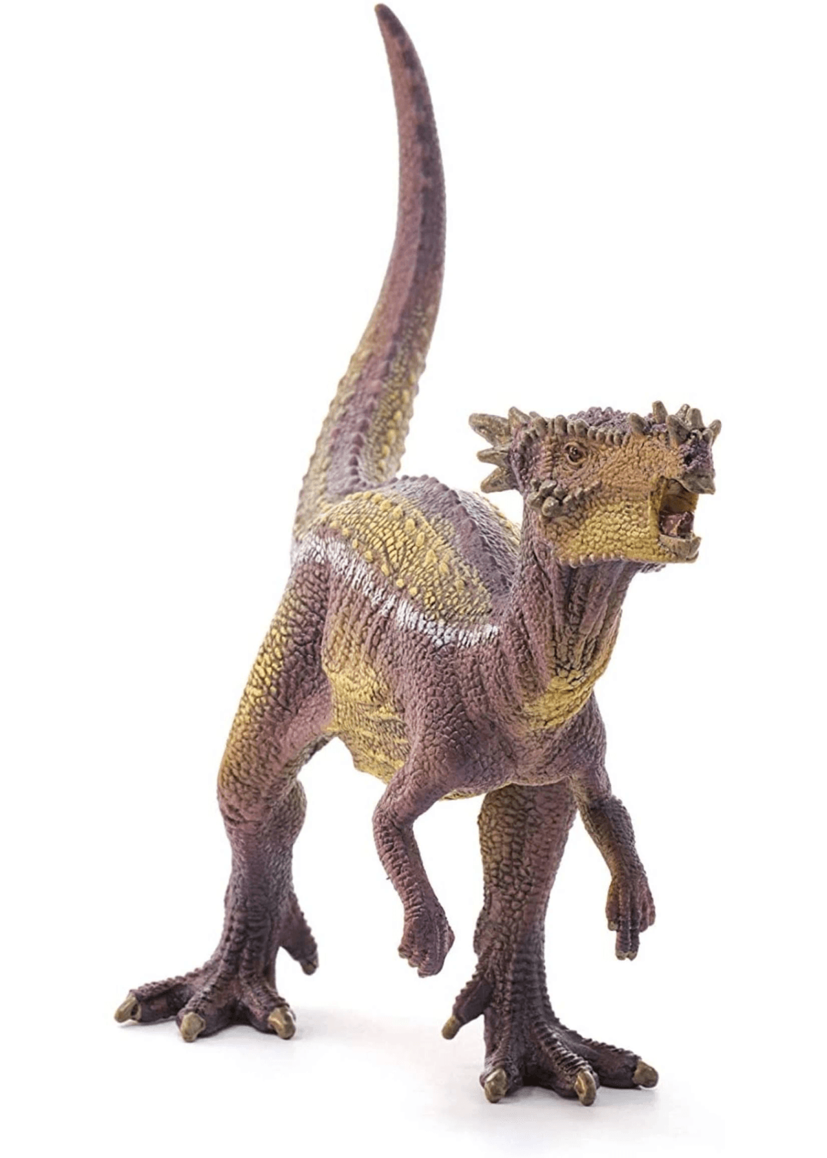 Un detallado modelo de dinosaurio de juguete en tonos marrones y amarillos ruge con la cola levantada.
