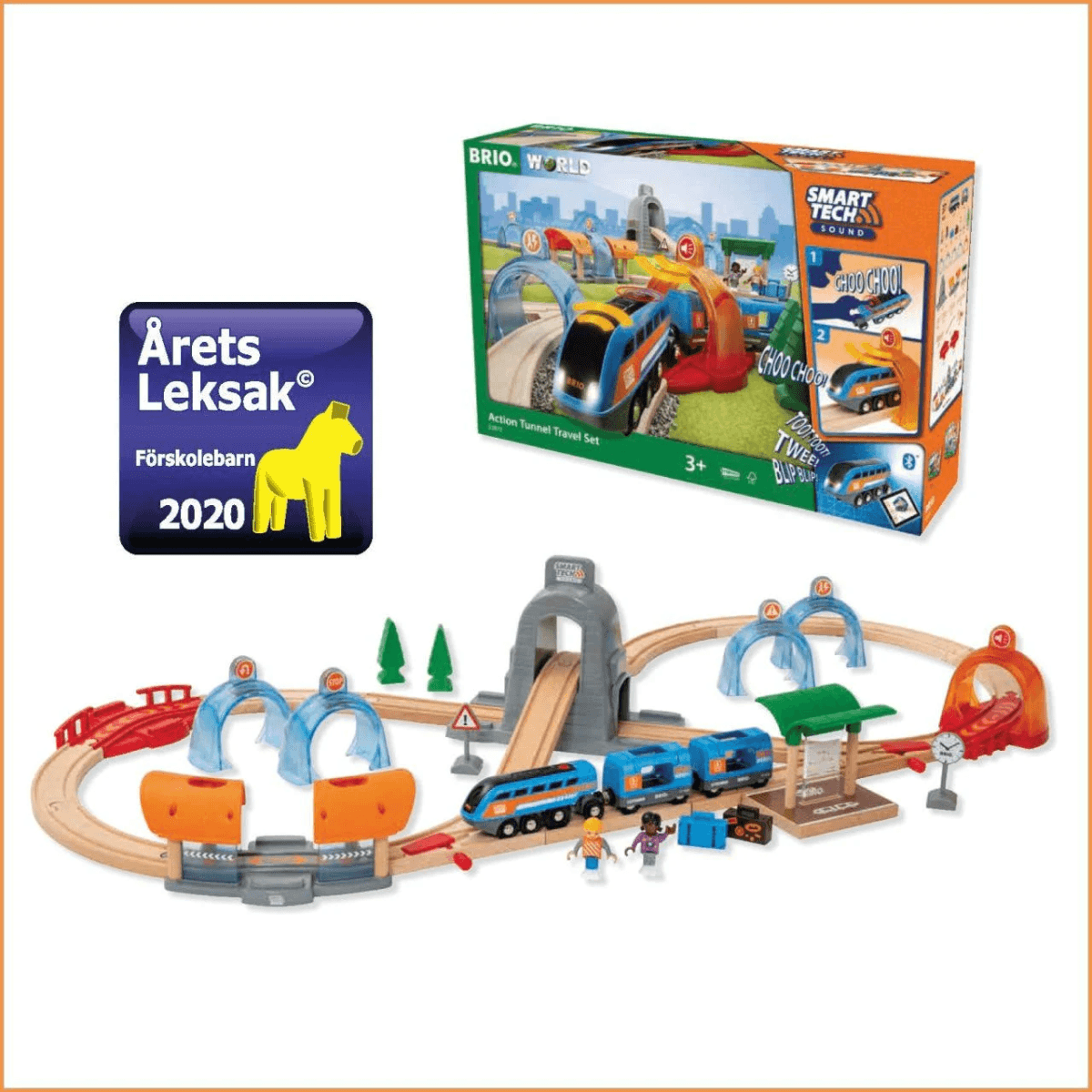 Set de tren Brio Smart Tech Sound con vías, túneles y figuras. Galardonado en 2020.