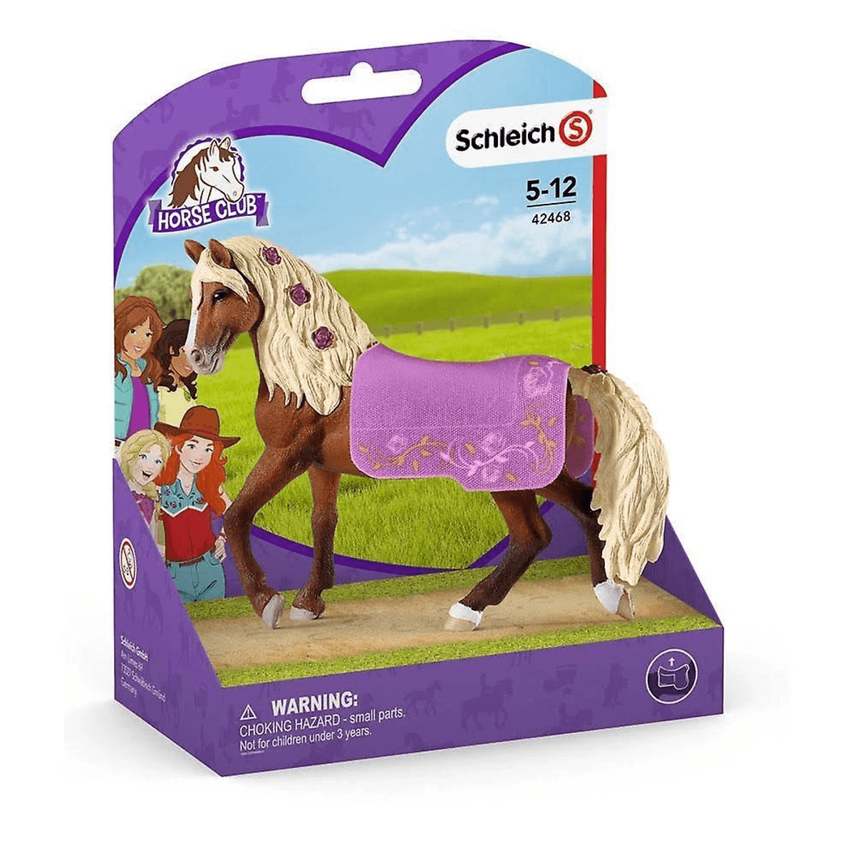 Schleich Horse Club Pferdefigur in Verpackung mit lila Decke und blondem Mähnenhaar.