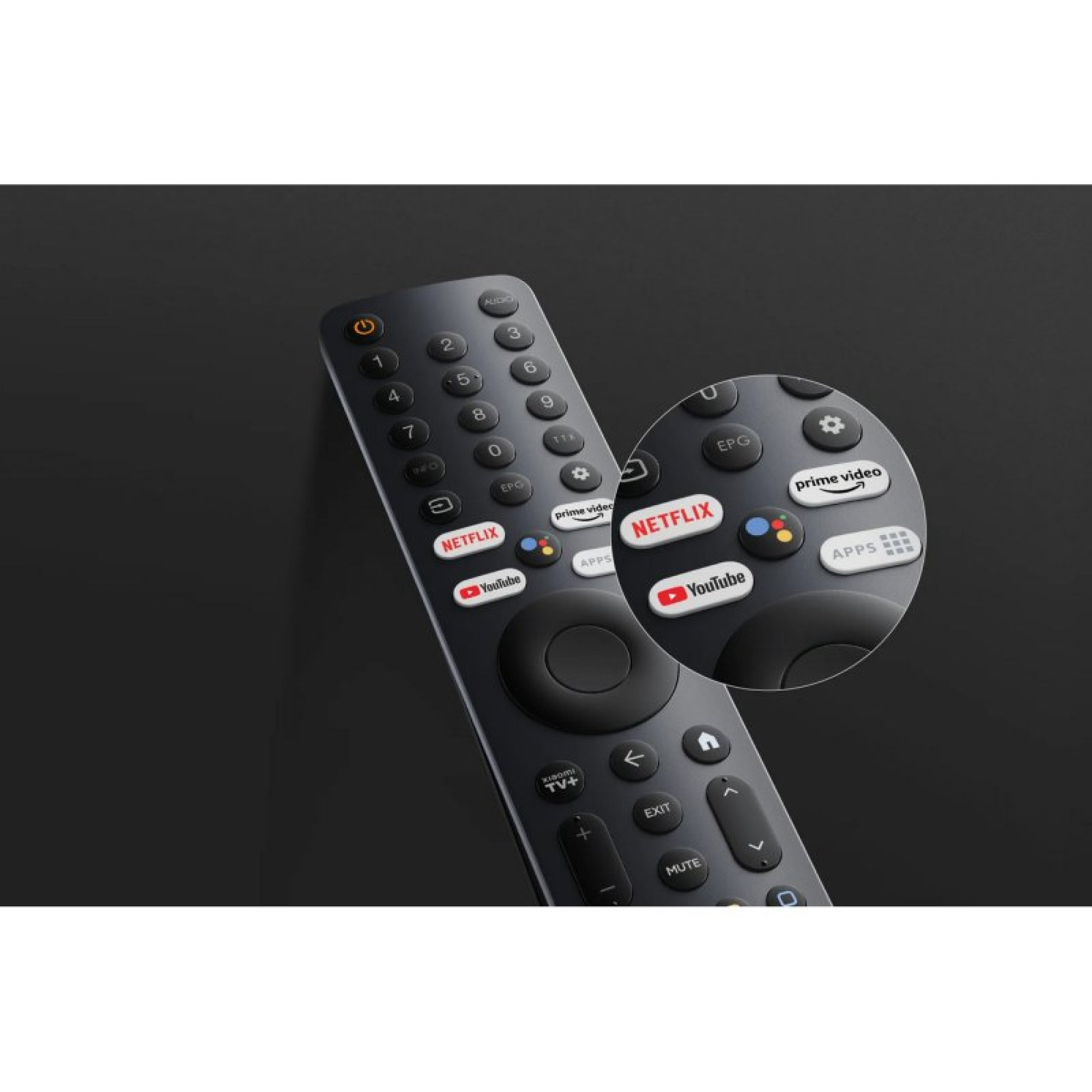 Un telecomando nero con tasti e tasti di streaming, primo piano evidenzia pulsanti Netflix e Prime.