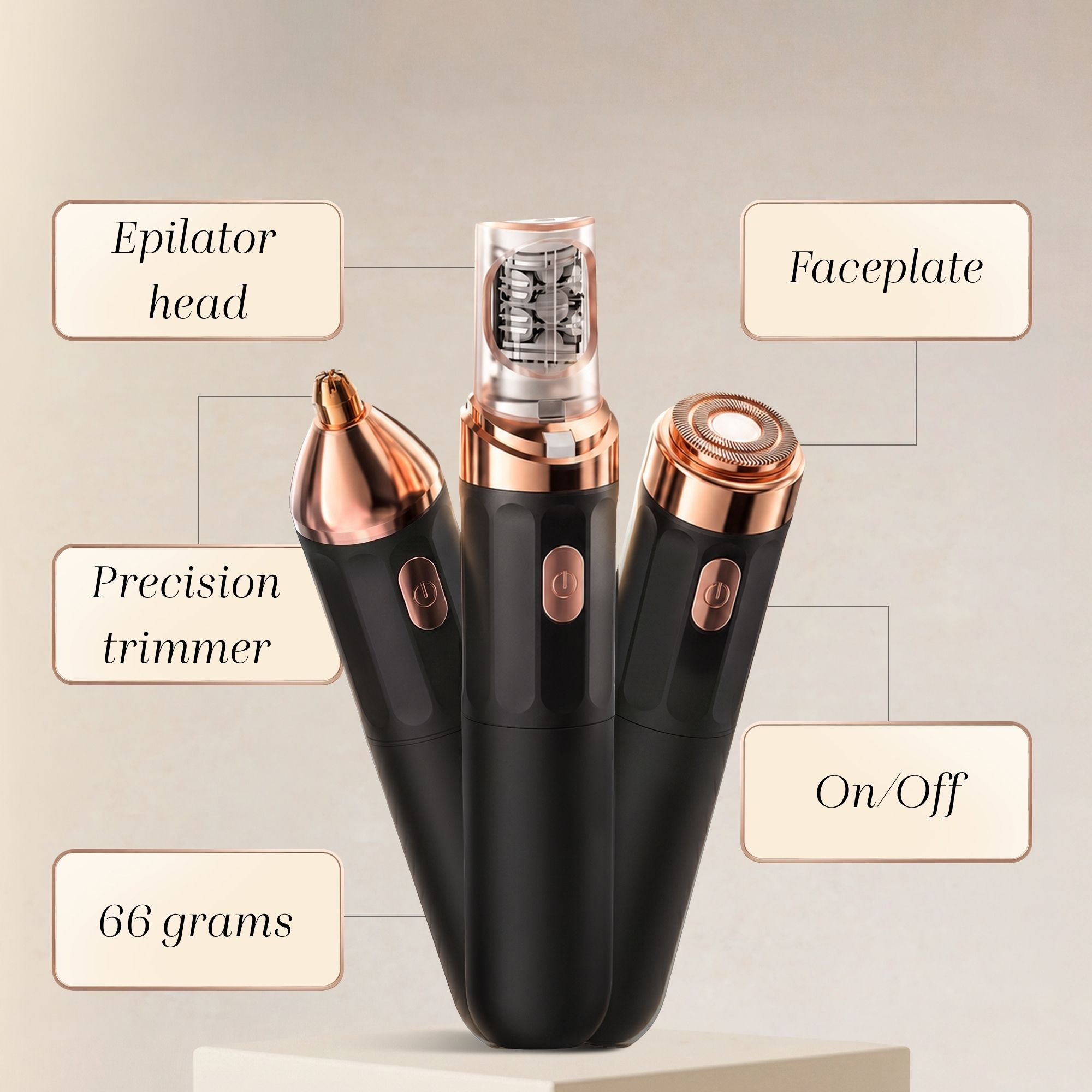 Trois tondeuses électriques noires et or rose avec des pièces étiquetées comme tête d'épilateur et tondeuse.