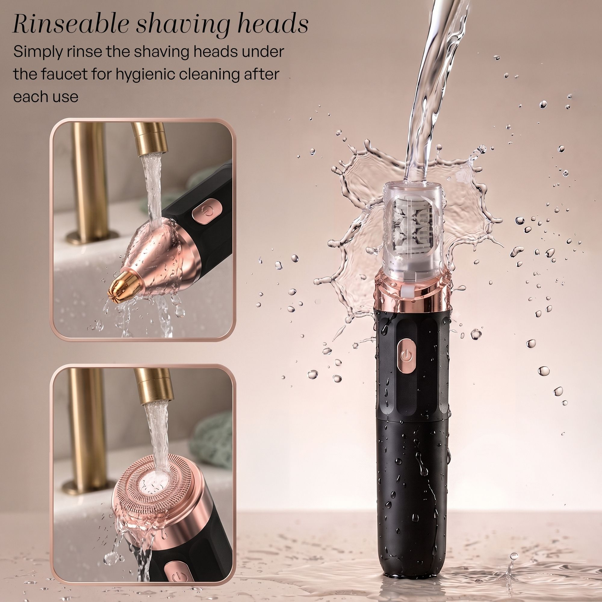 Des jets d'eau rinent les têtes d'un rasoir noir et or rose.