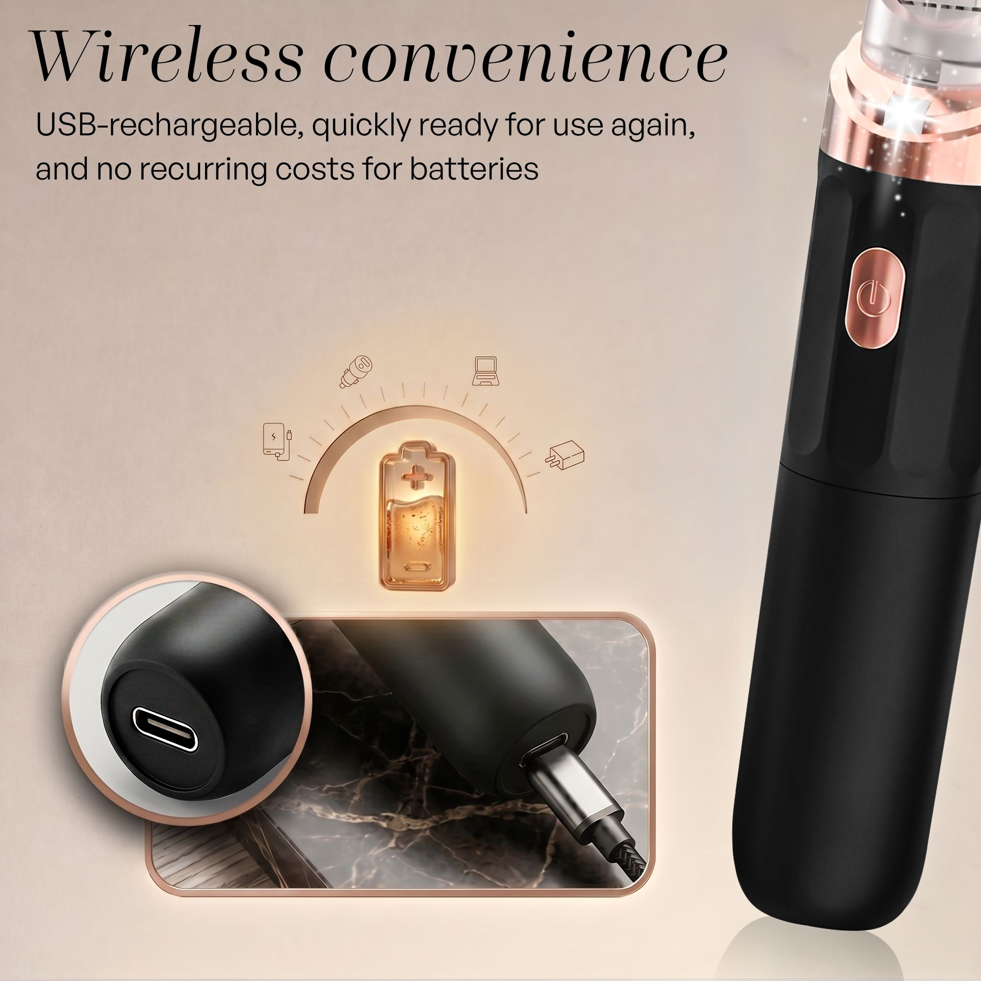 Appareil noir rechargeable avec port USB-C, indicateur de charge et texte sur la commodité sans fil.