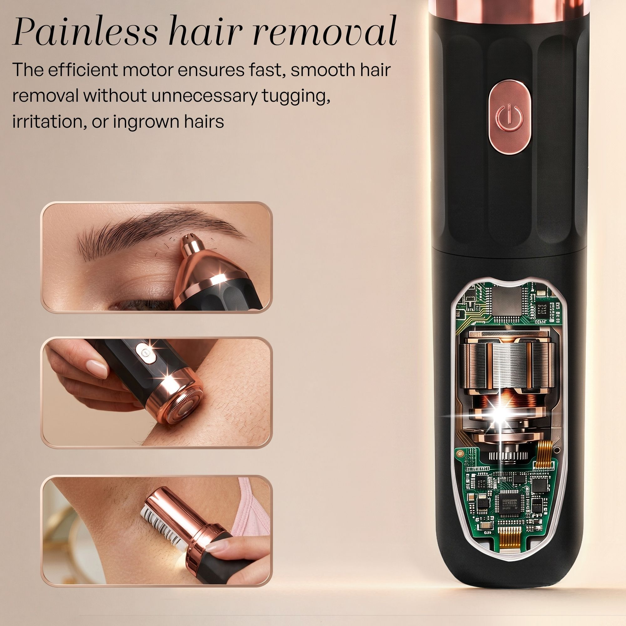 Appareil d'épilation avec vue du moteur interne et exemples d'utilisation sur le visage, le bras et la jambe.