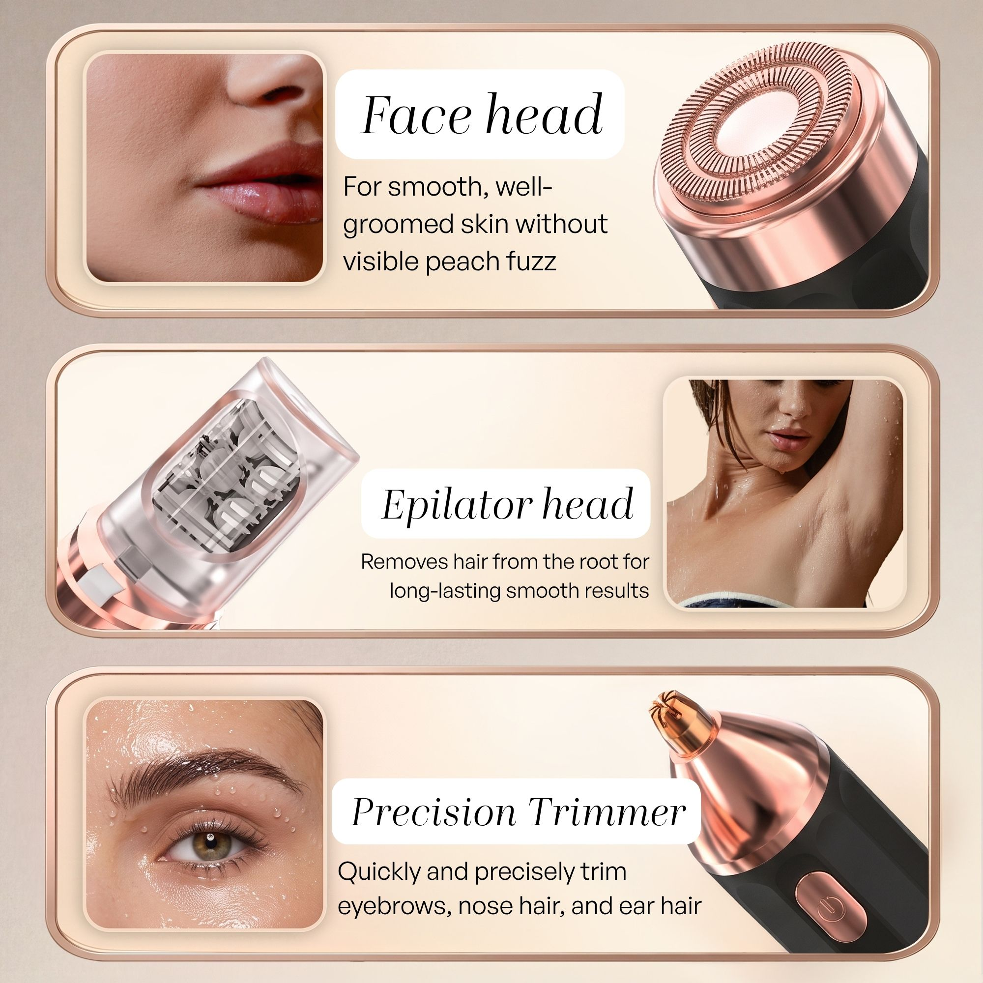 Infographie montrant la tête visage, épilateur et tondeuse de précision avec photos d'utilisation.