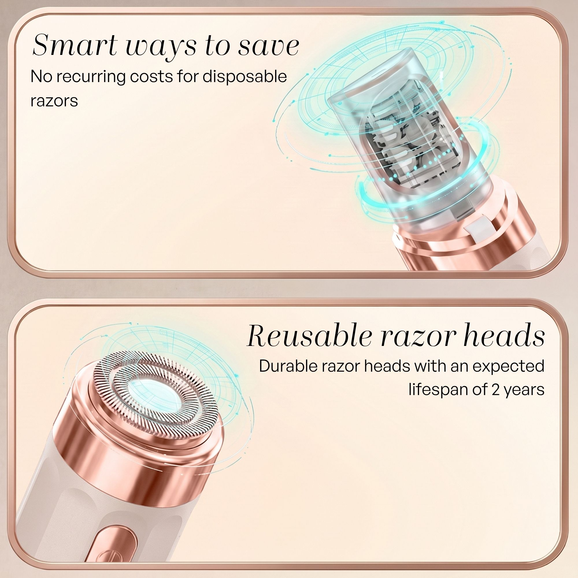 Deux panneaux montrant une tête de rasoir réutilisable or rose avec du texte explicatif.