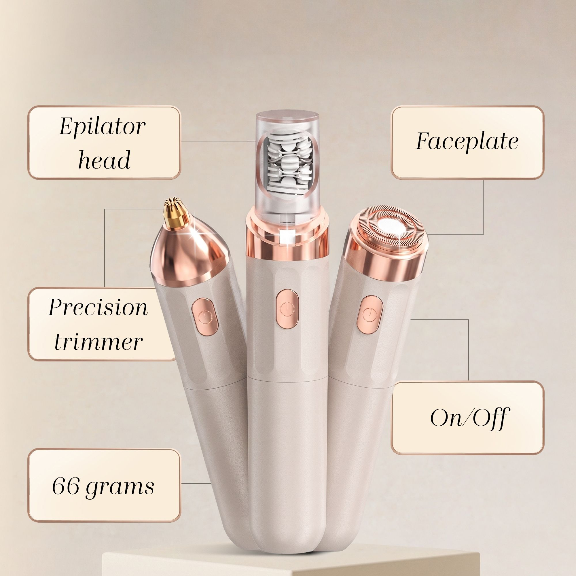 Un épilateur beige avec des accents d'or rose montre des têtes interchangeables étiquetées épilateur, tondeuse et visage.