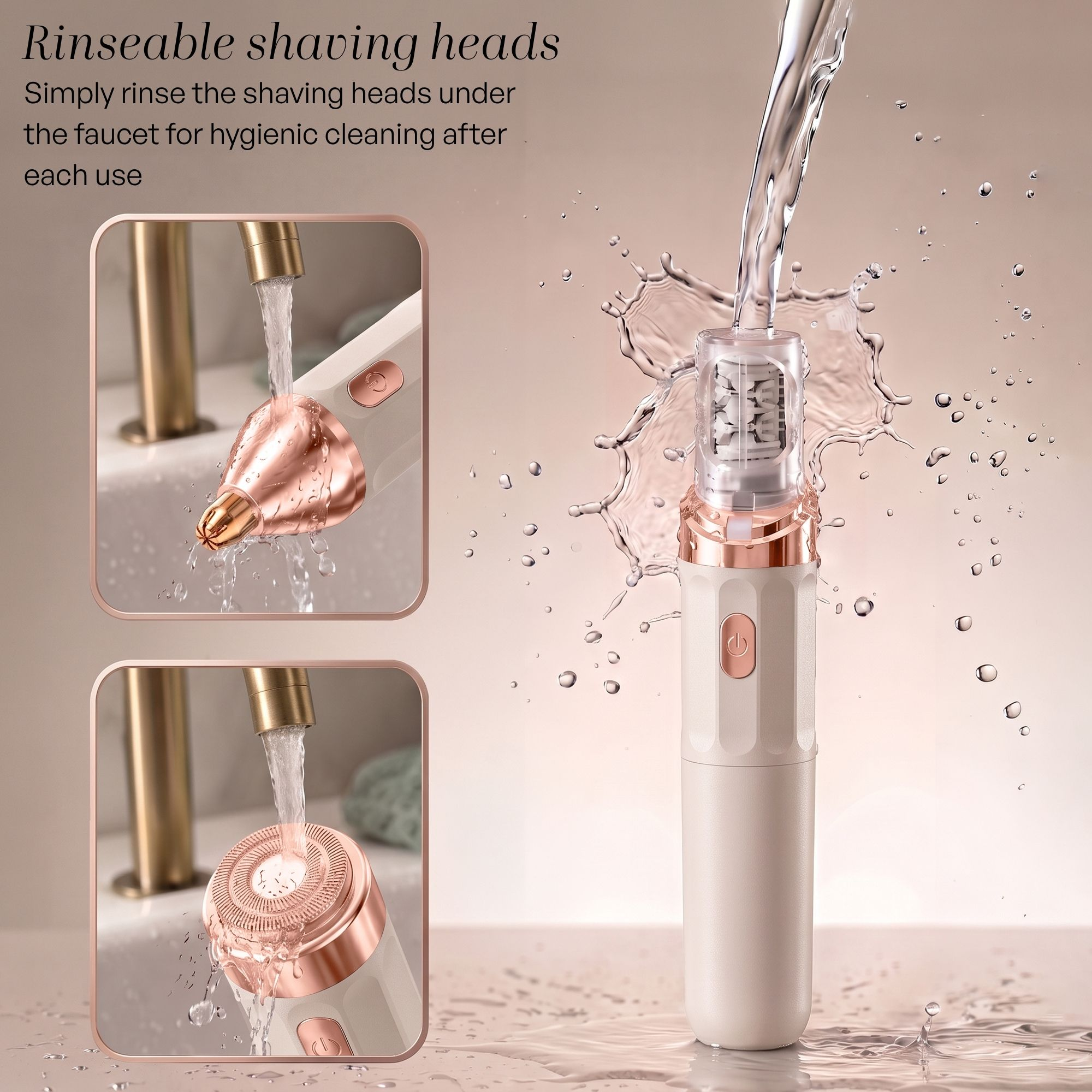 Un rasoir blanc et doré avec des têtes interchangeables est rincé sous l'eau courante, avec des éclaboussures.