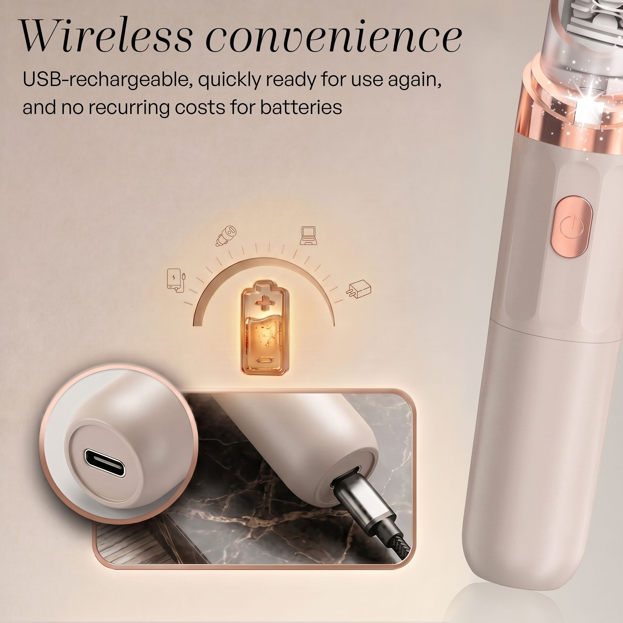 Appareil rechargeable par USB en or rose avec indicateur et câble.