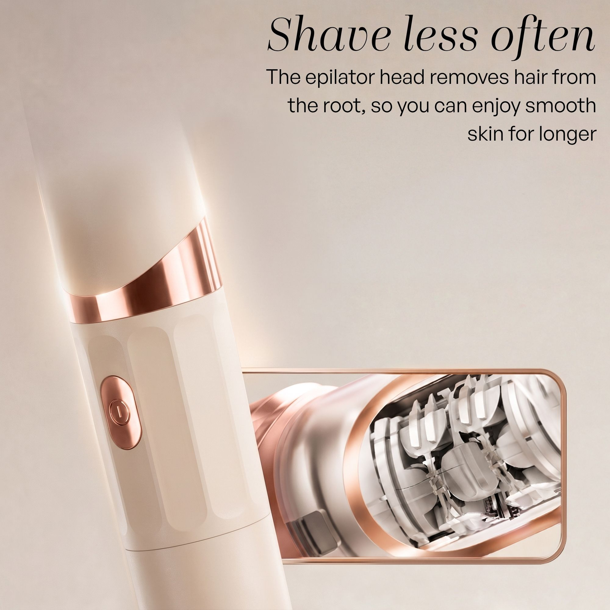 Publicité d'épilateur beige et or rose avec texte sur la peau douce et gros plan de la tête.