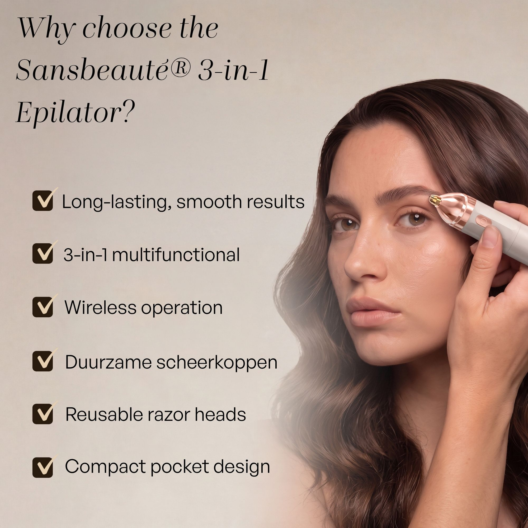 Femme utilisant un épilateur facial; texte liste avantages.