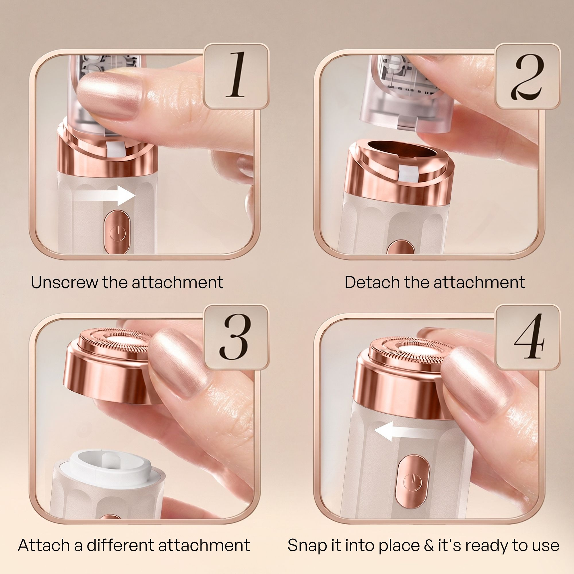 Quatre étapes montrent le retrait et la fixation des têtes sur un rasoir rose gold.