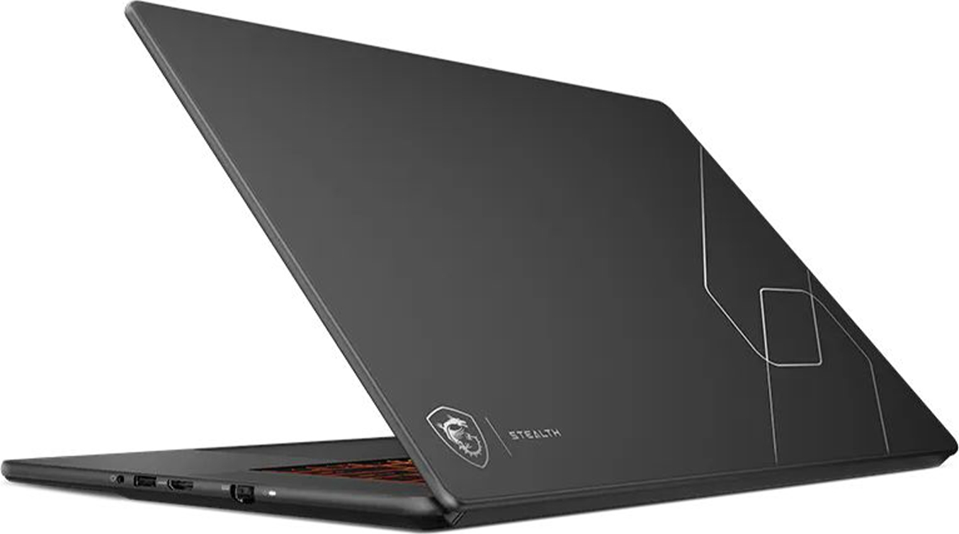 Beyaz bir arka plan üzerinde kapakta geometrik çizgiler bulunan kapalı siyah bir MSI Stealth dizüstü bilgisayar.