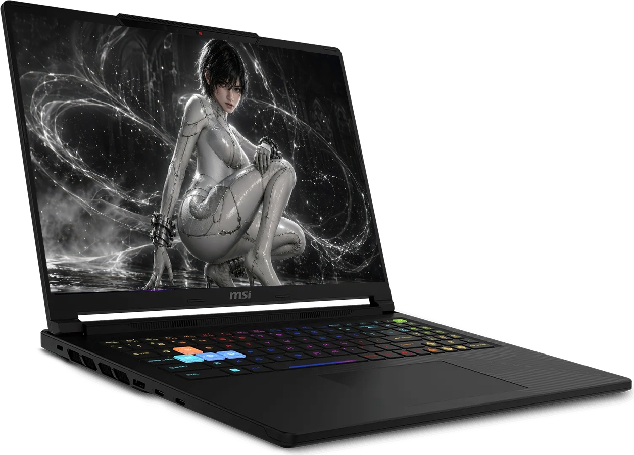 RGB klavyeye ve fantezi bir anime kadın karakterini gösteren ekrana sahip siyah bir MSI oyun dizüstü bilgisayarı.