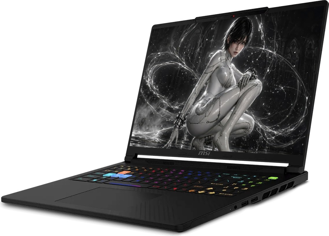 RGB klavyeli siyah bir MSI oyuncu dizüstü bilgisayarı, ekranda beyaz kıyafetli fütüristik bir karakter gösteriyor.