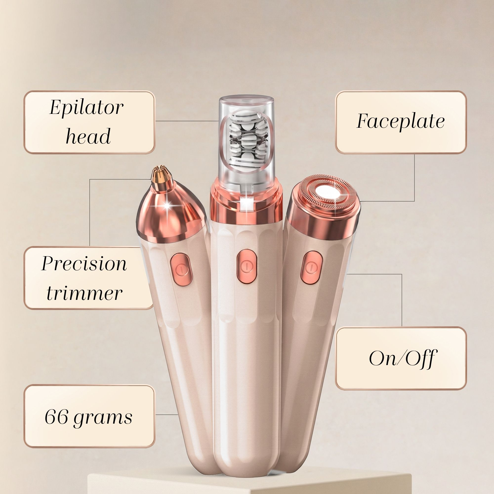 Épilateur aux accents d'or rose avec des étiquettes indiquant les têtes et boutons.