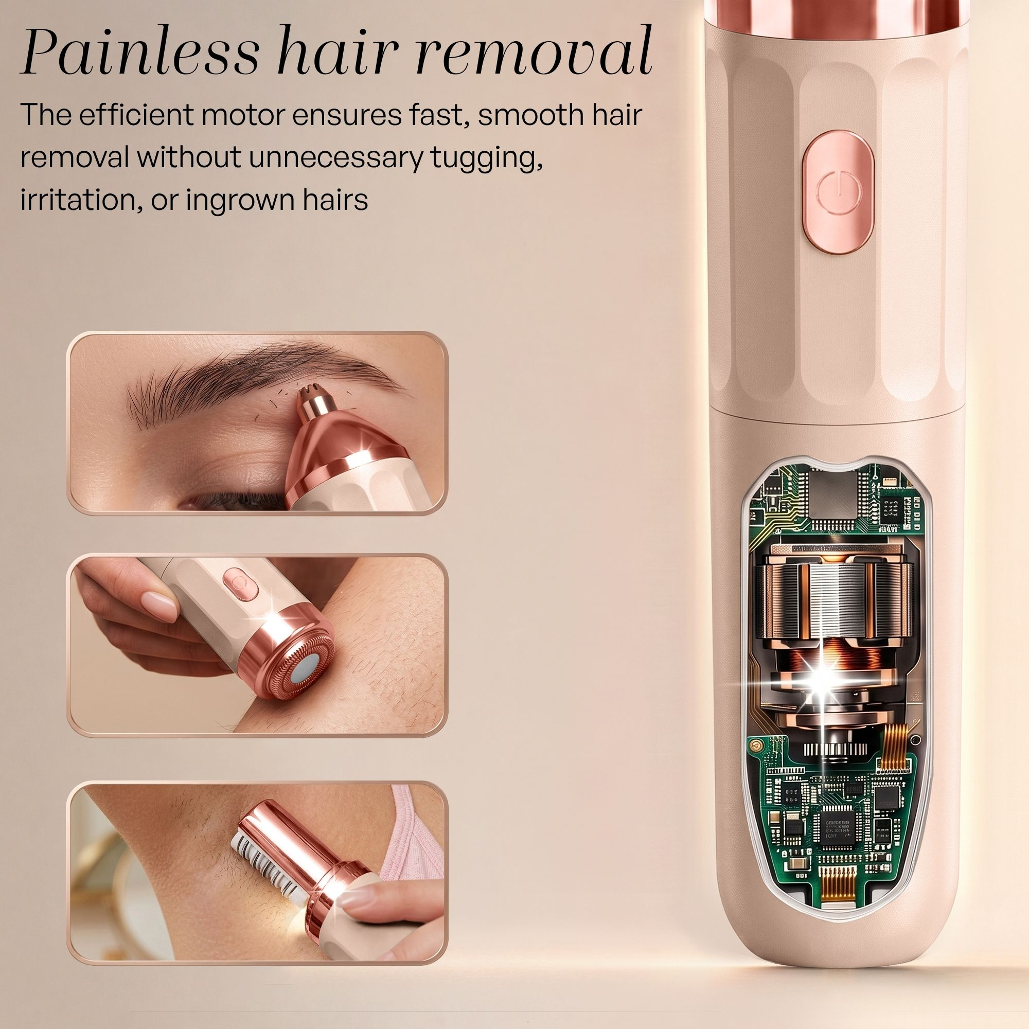 Un épilateur beige et or rose avec moteur visible et photos d'utilisation sur les sourcils, le bras et le cou.
